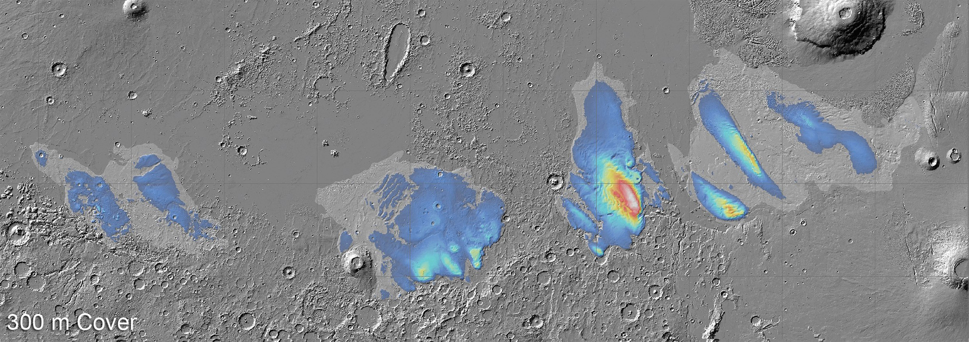 Localisation et indication de l’épaisseur des dépôts de glace d’eau que l’on sait aujourd’hui présents sous la formation Medusae Fossae. © ESA